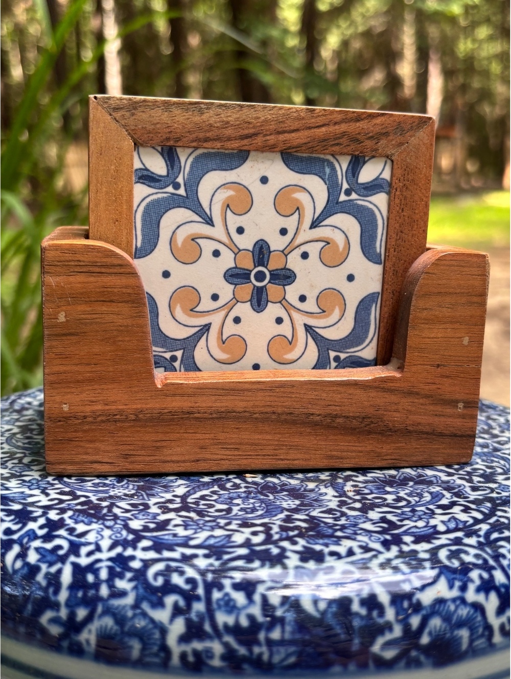 Set of 4 Decorative Wooden Coasters with Blue and Beige Tile Inlay